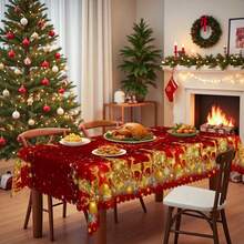 1 pezzo Tovaglia rettangolare/rotonda natalizia rossa e dorata, con motivi di renne dorate, fiocchi di neve, campane e alberi di Natale, tovaglia festiva rossa, decorazione natalizia, adatta per uso interno ed esterno - tovaglia da pranzo natalizia facile da pulire, disponibile in varie misure - Multicolore - Visualizzare 8