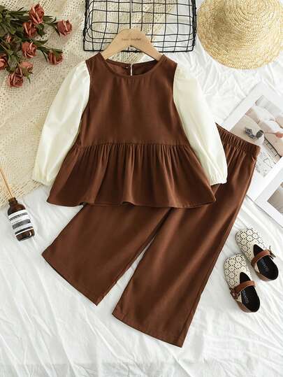 Young Girls' Fashion Fake Two Long Sleeved Tops And Solid Color Pants Two Pieces Fall Clothes Sets For Young Girl
