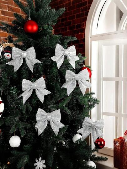 4pcs-Glitter Bow Sliver Shiny Christmas Bow, New Bow Decorations, Christmas Bow Decorations, Tree Bow Ornaments For Holiday Party Decor Birthday Home Decor Christmas Decorations Room Decor Christmas, For Home Party Wedding Indoor Decoration, Gift Wrapping Accessories, Christmas Wreath Bow DIY Handcraft Bow