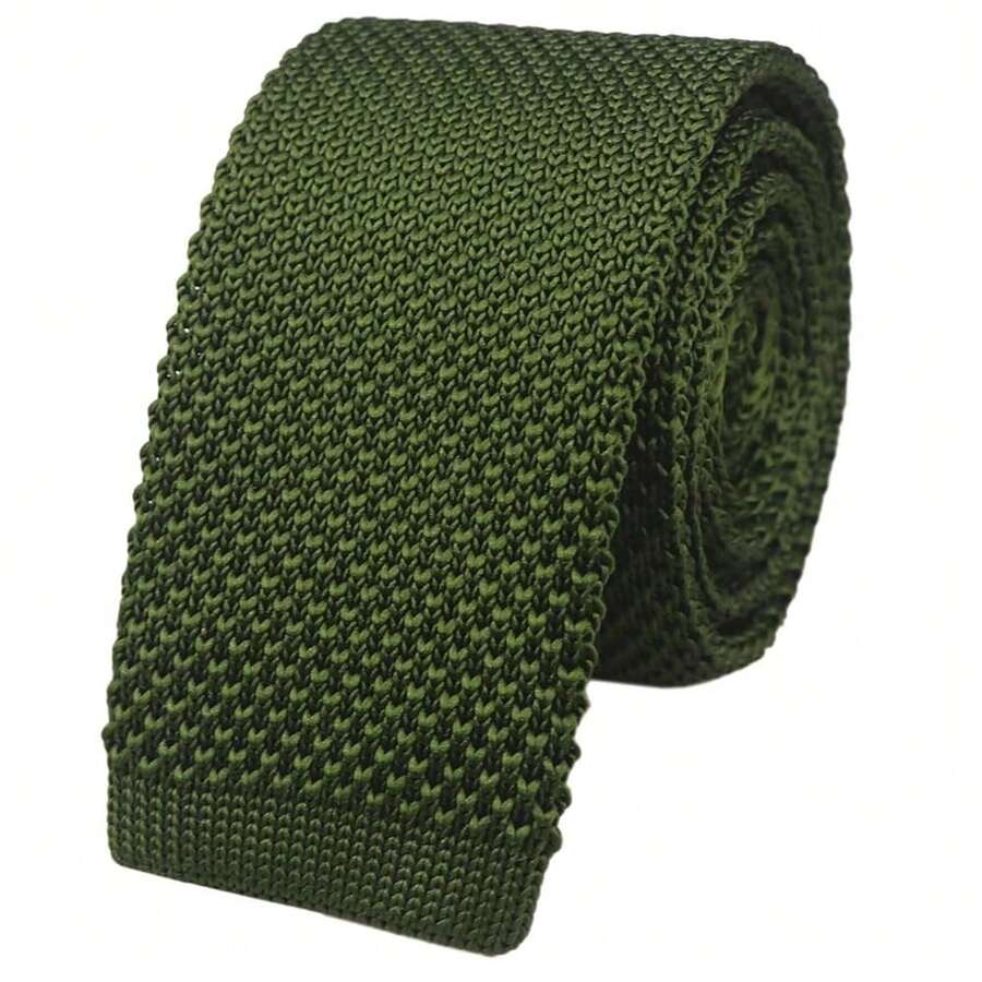 Men's Solid Color Textured Knit Skinny Ties Smart Necktie Square-Cut Finish{"Size_name":"OneSize","Color_name":"ArmyGreen"} - Multicolor27 - View 1