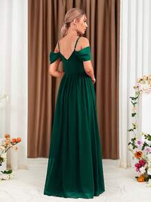 UNITHORSE Off-The-Shoulder V-Neck Pleated Split Hem Dress - Dark Green - View 4