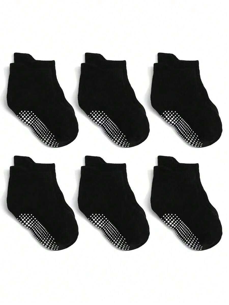 6 Pairs Kids Cotton Anti-Slip Ankle Socks, Toddler Solid Color Dot Grip Floor Socks - Black - View 1