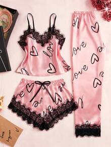 3 piezas Conjunto de pijama con estampado de letras de encaje en contraste, top de tirantes finos y pantalones elásticos y shorts con decoración de moño, ropa de dormir y de estar en casa cómoda para mujer, para uso diario