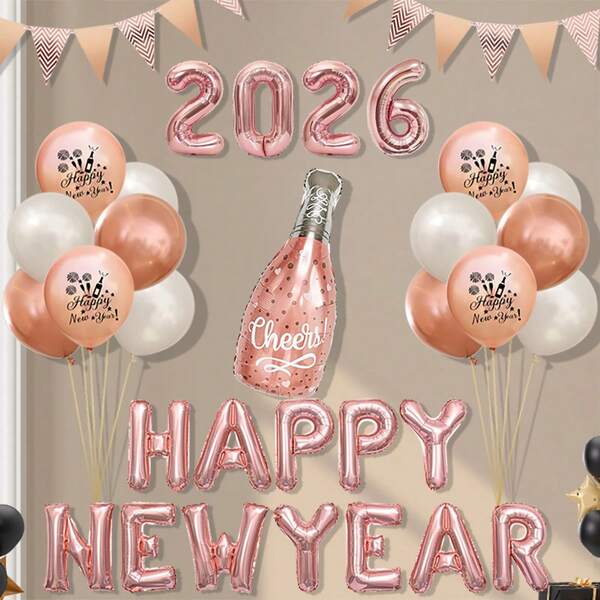 Set di decorazioni per palloncini, striscione con lettere per celebrazioni e sfondo per feste di Capodanno 2026 in oro rosa