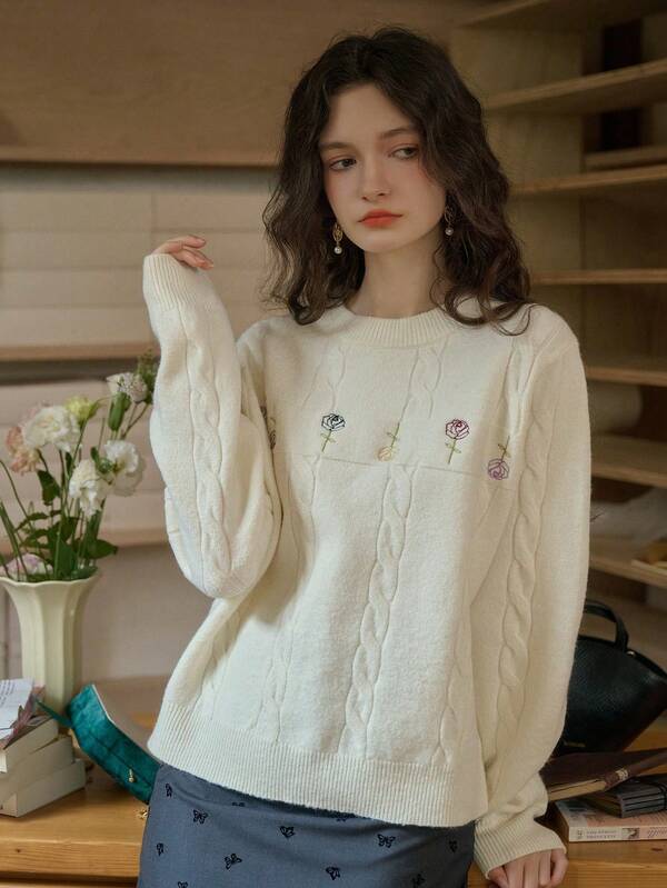 Simple Retro Wool Women's Round Neck Embroidery Colour Clash Pullover Sweater