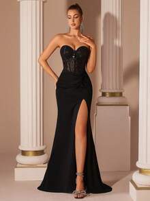 ADYCE Elegantes schwarzes Damen Partykleid mit Schlüssellochausschnitt, transparenter hoher Taille und Schlitz mit Schleife