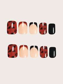 Ridicați-vă stilul cu 24 de unghii false scurte, pătrate, cu gel, model clasic de toamnă/iarnă, pentru zi, maro-negru, cu model contrastant de agat, model franțuzesc, vârfuri premium vintage negre, culoare solidă, franțuzești, acoperire completă, pentru femei și fete. Include 1 foaie de tablă adezivă și 1 bandă mini cu pilă, gel jeleu. Livrare aleatorie.