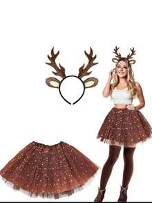 2 Pieces Christmas Carnival Party Performance Antler Headbands With Reindeer Ears + Puffy Skirts, Deer Accessory Sets - Khaki - View 2
