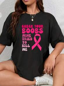 100% Algodón Unisex Verifica Tus Senos Los Míos Intentaron Matarme Cáncer de Mama Camiseta para Mujeres, Camiseta de Manga Corta Impresa de Otoño e Invierno - Negro - Ver 6