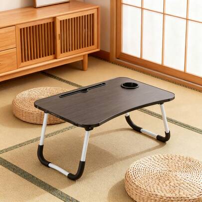 1Pc Portable Foldable Laptop Bed Tray Desk, Black MDF Top with White Metal Legs, 60 x 40cm, Anti-Slip Feet, Book Holder & Cup Holder, Ideal for Bed Reading Working Studying in Bedroom Living Room, Space-Saving Home Office Essential for Students Adults Remote Workers