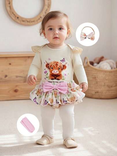 Baby Girl Outfit Highland Cattle Print Long Sleeve Romper Ruffle Tutu Skirt Shorts Set Headband Stocking 4pcs Xmas Clothes