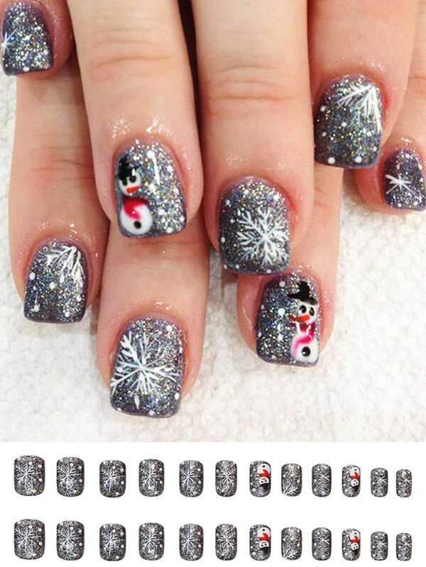 24pcs Short Square Cute White Christmas Snowman & Snowflake French Press-On Nails, Full Coverage Removable Nail Set, Glossy Surface, Comes With Jelly Gel And Nail File, Suitable For Women's Christmas, Daily Wear