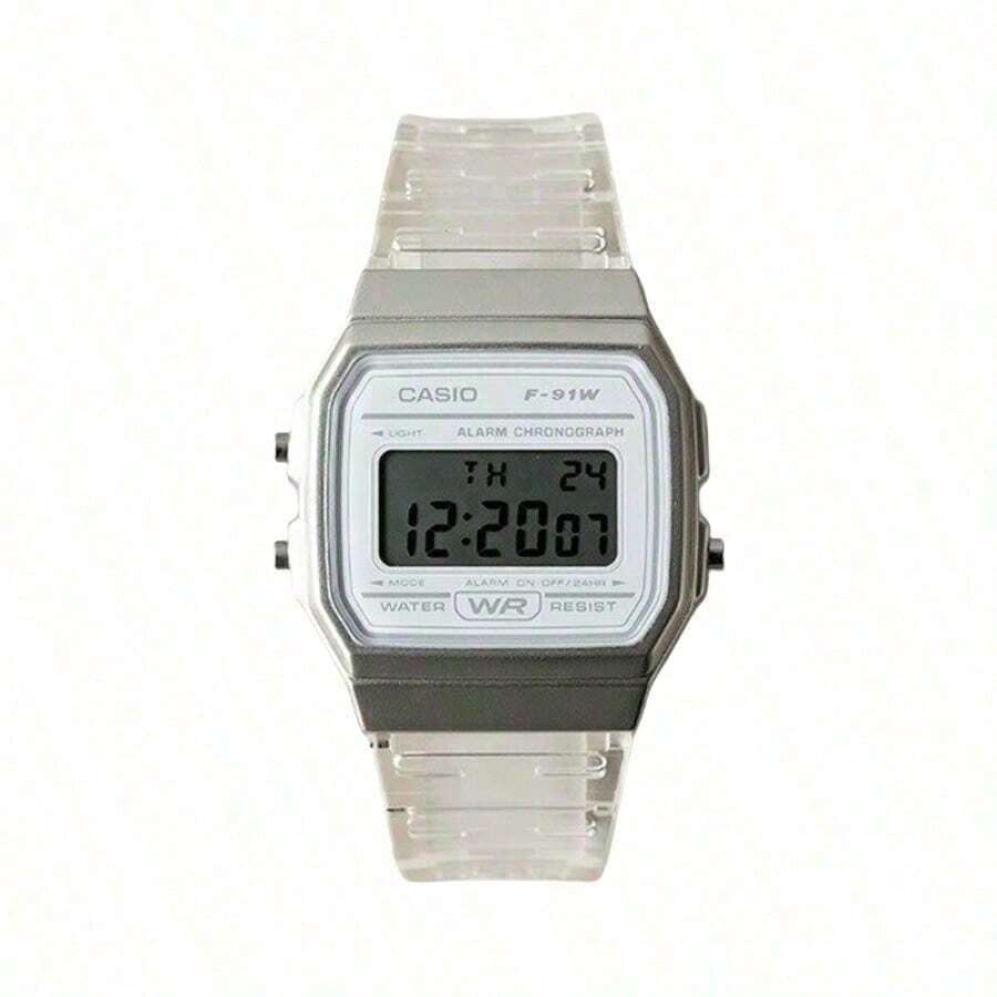 Reloj electrónico impermeable para hombre/mujer con correa, calendario, alarma y cronómetro. Reloj electrónico retro pequeño y cuadrado de material de goma, deportivo y de moda, adecuado para uso diario. Modelos: F-91W-3/F-91WS-4/F-91WS-7/F-91WG-9/F-201WA-9A/LA670WA-1/F-91WM-2A/F-94WA-9/F-91WM-7A/F-91WM-3A/F-91WS-2 - Blanco - Ver 1