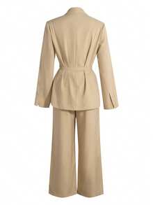 时尚新款欧美女士纯色套装，翻领、腰带装饰，开襟外套搭配宽松阔腿裤，两件套，通勤时尚优雅。