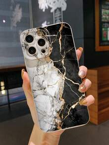 1pc Black & White Marble Pattern Shockproof Phone Case, UV Printed Compatible With IPhone, /Galaxy, Compatible With, International Version,  Not The Domestic Version - Beige - View 2
