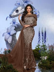 香槟色亮片串珠长袖修身晚礼服，适合正式晚宴、盛大晚会、鸡尾酒会（装饰精美）婚礼春季派对 - 咖啡棕 - 查看 5