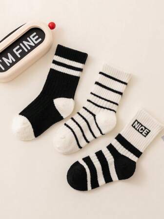 1/3 双装加厚保暖双面绒条纹字母儿童袜，秋冬
