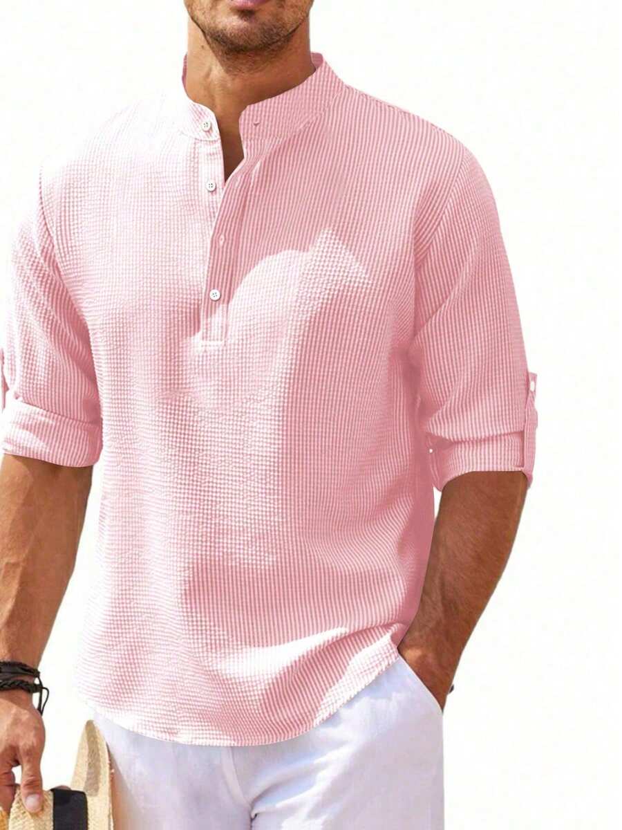 男士长袖亨利领衬衫，纽扣前襟，轻盈涤纶面料，条纹格纹设计，休闲舒适，面料柔软，适合日常穿着，夏季海滩度假时尚透气，袖子可卷起，时尚男装，户外休闲装，经典版型，百搭轻便衬衫，男士休闲上衣