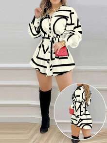 女士时尚印花褶皱腰身长袖修身轻薄衬衫裙，适合工作和通勤，春夏款 - 白色字母 - 查看 3