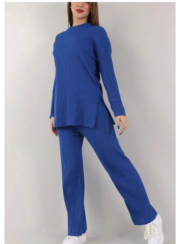 Conjunto informal de 2 piezas de top de manga larga con abertura en el bajo y pantalones de punto acanalado de unicolor