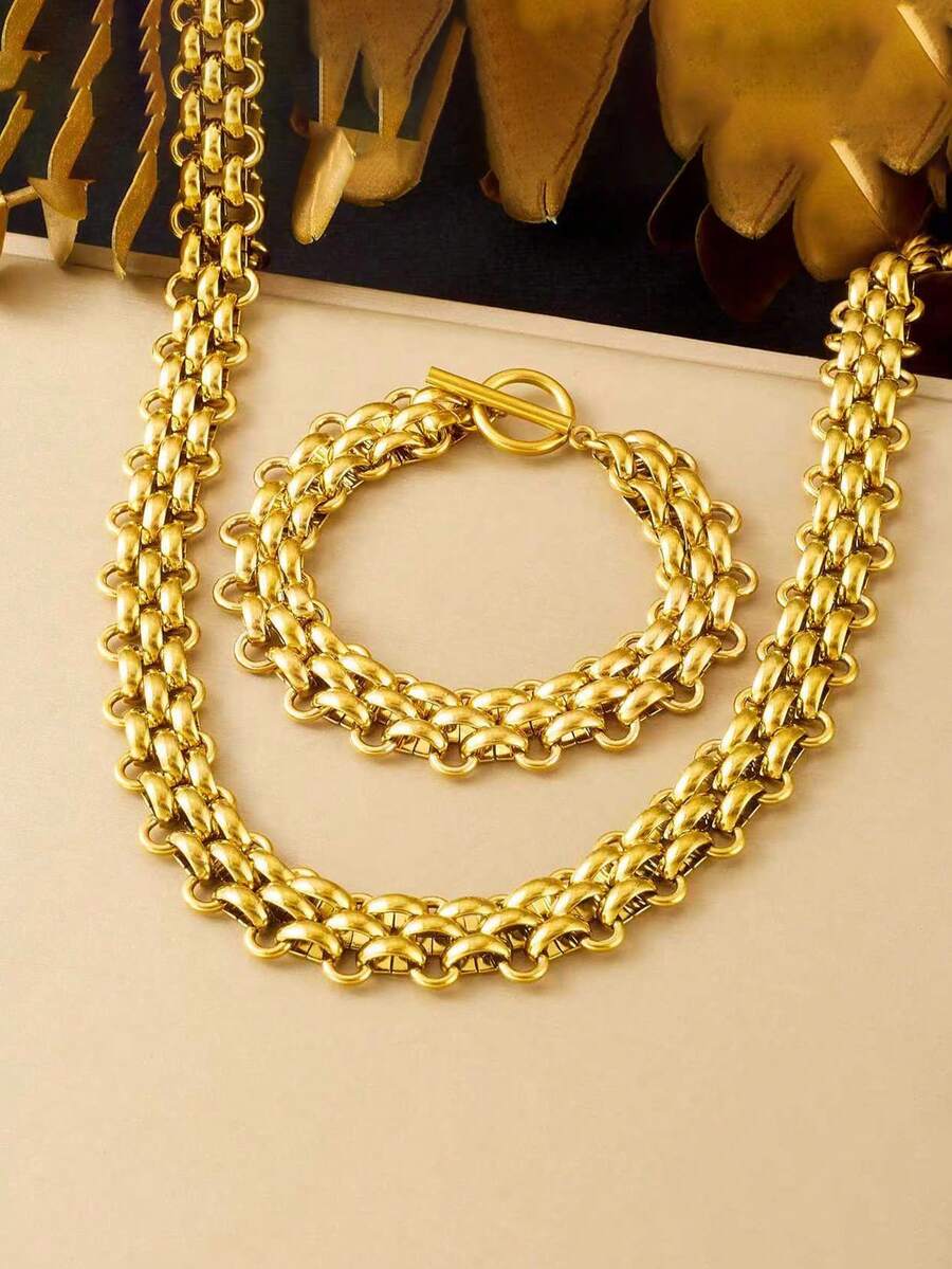 2pcs/Set Stainless Steel Personalized Hip-Hop Exaggerate Thick Chain Necklace + Bracelet Jewelry Set, Suitable For Daily Wear, Festival Gift - Yellow Gold - View 1