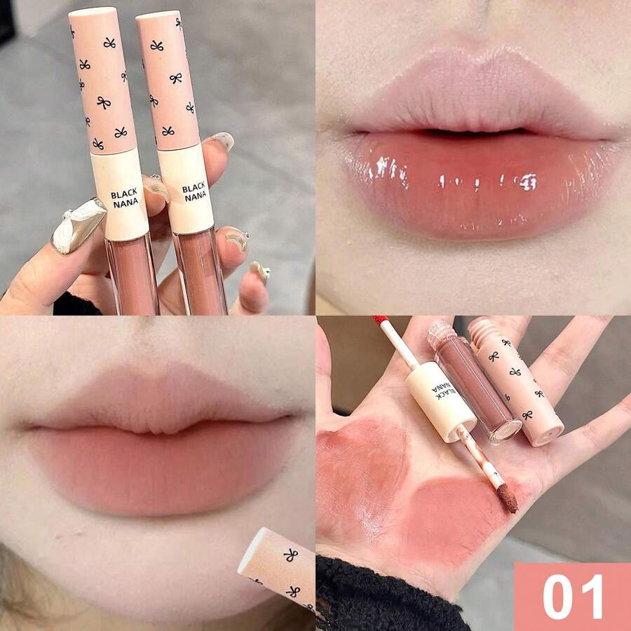Double-Ended Lip Glaze Mirror Water Light Gray Powder Lip Mud Lip Gloss Honey Light Makeup Nude Color Lipstick New Product - 01#嫩粉 - 查看 1