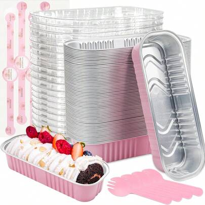 100 sets Mini moldes para panecillos con tapas y cucharas, paquete de 100, color rosa, 200ml, bandejas de hornear rectangulares de aluminio