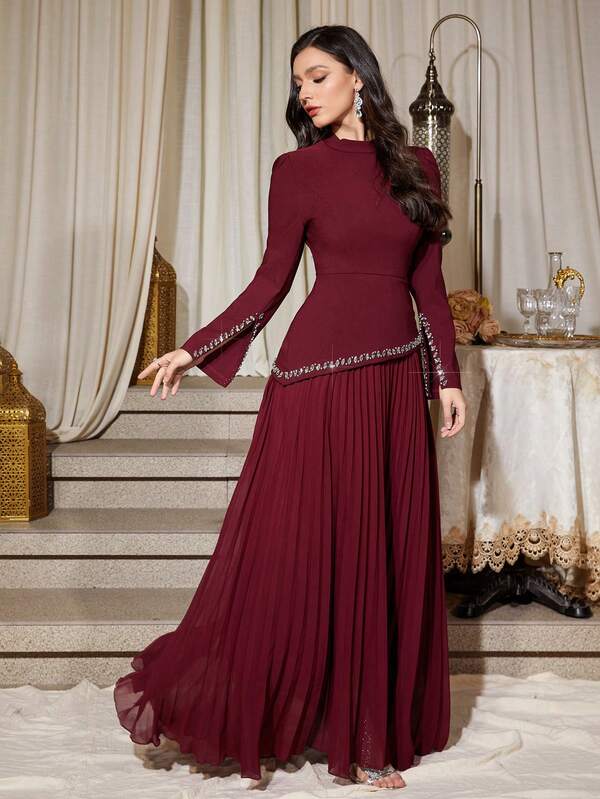 女士纯色不对称水钻领、水钻袖口、褶皱超大下摆柔软生日派对连衣裙