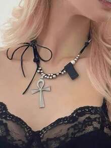 1 Stück Lederband Anch Kreuz Anhänger Lange Halskette, Y2K Chic Mode Metall Schwarze Halskette für Frauen, geeignet für Party, Treffen, tägliches Outfit Kombinieren