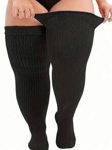 Plus Size Thigh High Socks For  - Extra Wide & Long Knit Thigh High Socks - 黑色 - 查看 1