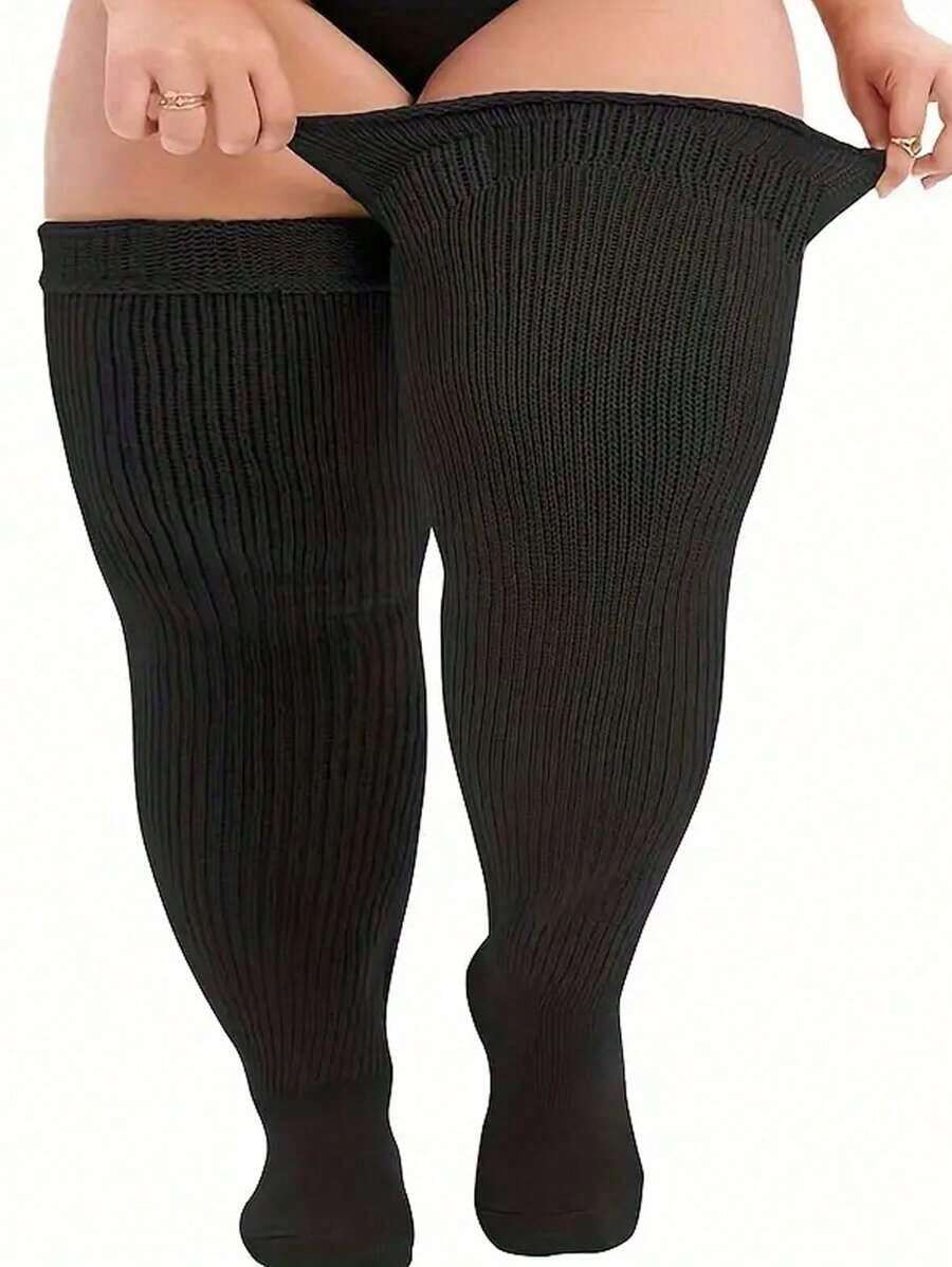 Plus Size Thigh High Socks For  - Extra Wide & Long Knit Thigh High Socks - 黑色 - 查看 1