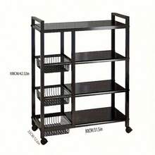 4-Tier Adjustable Metal Storage Rack With Wheels And 3 Baskets - Mobile Organizer For Kitchen, Pantry, Bathroom, Closet - Space-Saving Rolling Design, Housewarming Gift And Home Storage (Black) - 黑色 - 查看 5