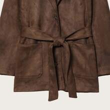 女士时尚休闲麂皮风衣，棕色，带领，长袖，实用口袋，打造时尚造型，适合万圣节穿着 - 咖啡棕 - 查看 7