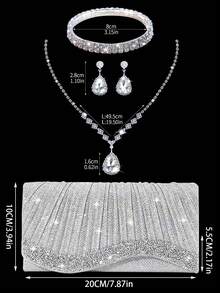 Sparkling And Elegant Women's Rhinestone Evening Bag Clutch, Exquisite Pleated Party Bag Shoulder Bag Wallet, With Glitter Rhinestone Three-Piece Set, High-End Rhinestone Pendant Necklace, Earrings, Bracelet, With Shiny Sequins Evening Dress, Suitable For Attending Parties, Dances, Gatherings, Dinners - Silver - View 3