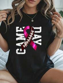 100% Algodón Unisex Día de Juego - Camiseta de Cinta de Fútbol Rosa de Concientización sobre el Cáncer de Mama, Camiseta de Manga Corta Impresa de Otoño e Invierno - Negro - Ver 6