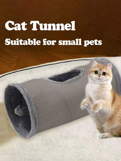 1pc Foldable Plush Cat Tunnel With Playful Ball Hole, Comfortable Hideaway For Kittens And Adult Cats, Stimulates Natural Hunting Instinct, Light Gray With Contrast Trim, Includes Interactive Toy, Suitable For Small Pet Cats