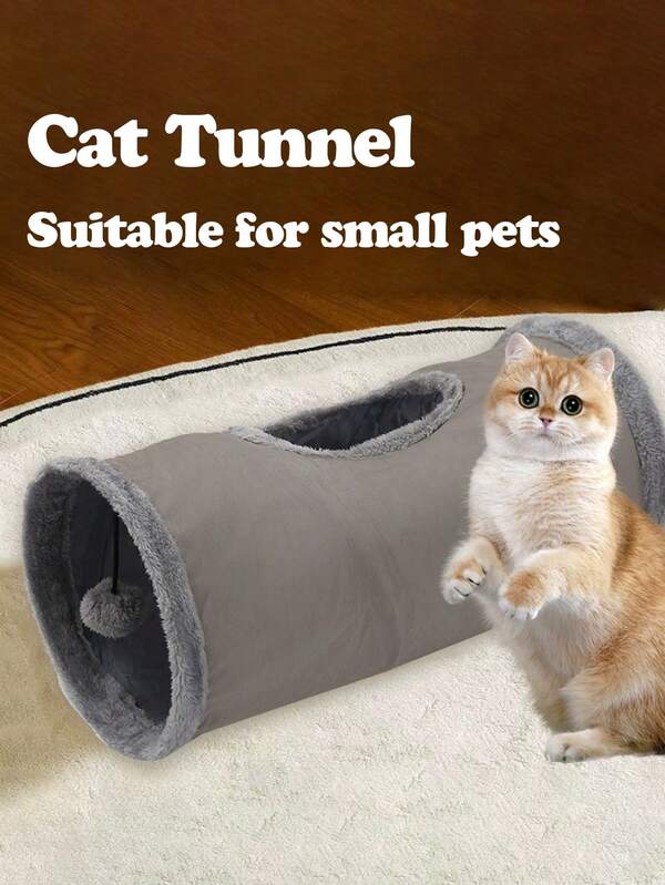 1 pièce Tunnel en peluche pliable avec trou de balle ludique, cachette douillette pour chatons et chats, stimule les instincts de chasse naturels, gris clair avec bordure contrastée, jouet interactif inclus, tunnel pour petit animal de compagnie