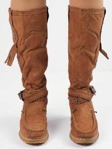 Western Style Casual Boots With Stitching And Adjustable Buckle - Camel - View 6