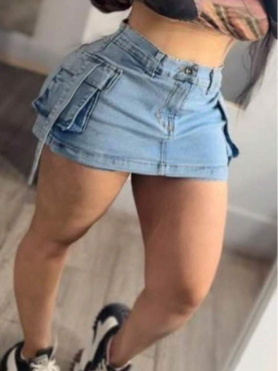 Short-falda vaquera sexy informal ajustada para mujer con bolsillos, cremallera y botones, falda corta de lavado claro y muy elástica. - Neblina azul - Ver 1