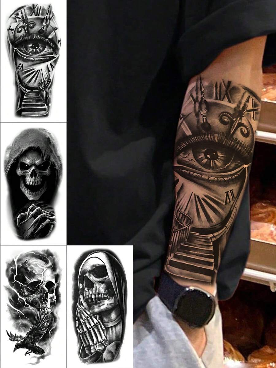 4张黑色男士临时纹身贴纸，适合派对、旅行和音乐节，防水防汗，一次性纹身贴纸，适用于男士手臂。