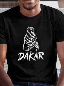 Camiseta de Hombre de Talla Grande con Patrón de Dakar - Camiseta Casual Negra de Cuello Redondo, Diseño de Personaje de Dakar Blanco, Mezcla de Algodón Transpirable, Lavable aáquina, Comodidad de Verano, Camiseta de Comodidad Diaria|Ropa de Talla Grande|Tejido de mezcla de algodón, talla grande - Negro - Ver 1