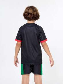 SURUIDA 2 Pcs Mexican Boy Soccer Jersey, Youth Casual Football Uniform, V-Neck Digital Printing Style T-Shirt Set, Suitable For Outdoor Sports, Team Match, Training, Stage Performance, Daily Wear In Summer, Short Sleeve - 黑色 - 查看 2