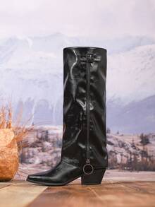 Women's Fashion Over-The-Knee Boots, Black Slip-On Elastic Casual Tall Boots For Commuting, Square Toe Chunky Heel Pants Boots, Comfortable Winter Cowgirl Style Metal Eyelet Side Zipper Boots, Suitable For Holidays - Black - View 10