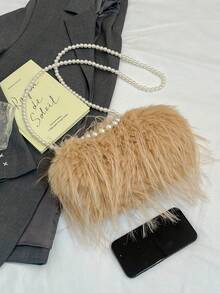 Bolso de hombro versátil para mujer con solapa de cadena esponjosa en color caqui, para uso diario y bolsillo para teléfono