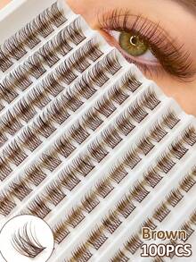100Pcs D Curl Colorful Wispy Brown Cluster Lashes, Soft Fluffy Lightweight Individual Lashes Extension 8-16mm Natural Long Brown Color Makeup Lashes For Daily Life&Wedding&Dating&Party&Music Festival DIY At Home