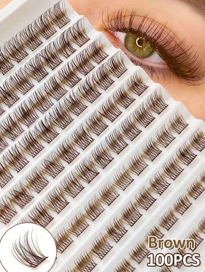 100Pcs D Curl Colorful Wispy Brown Cluster Lashes, Soft Fluffy Lightweight Individual Lashes Extension 8-16mm Natural Long Brown Color Makeup Lashes For Daily Life&Wedding&Dating&Party&Music Festival DIY At Home