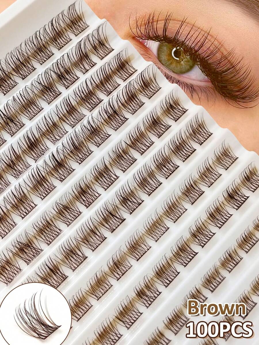 100Pcs D Curl Colorful Wispy Brown Cluster Lashes, Soft Fluffy Lightweight Individual Lashes Extension 8-16mm Natural Long Brown Color Makeup Lashes For Daily Life&Wedding&Dating&Party&Music Festival DIY At Home