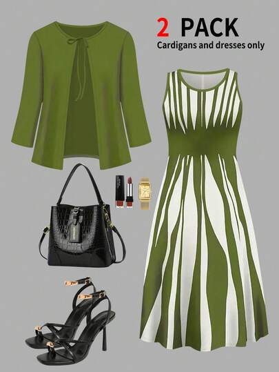 Plus Size Women's New 3/4 Sleeve Tie Front Cardigan Jacket Paired With Asymmetrical Striped Print Round Neck Sleeveless Dress 2-Piece Set, Autumn/Winter Elegant Spring