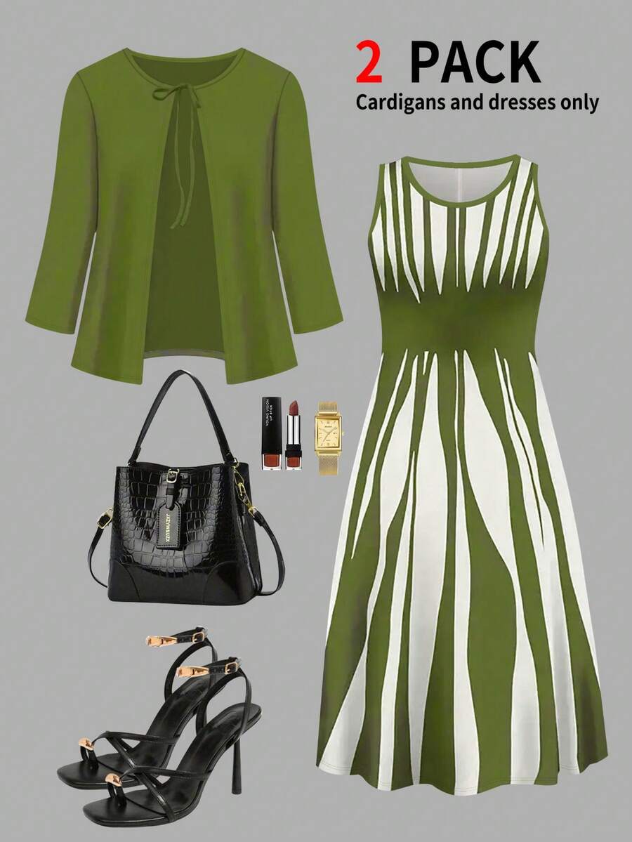 大码女装新款七分袖系带开衫外套搭配不对称条纹印花圆领无袖连衣裙两件套，秋冬优雅春季款 - 軍綠色 - 查看 1