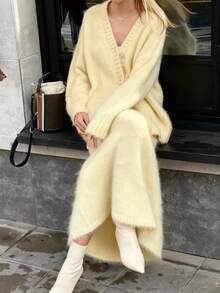 2件秋冬宽松针织V领开衫和休闲A字裙套装 - 黃色 - 查看 4